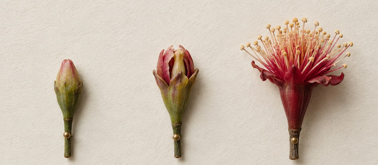 Tres estadios de la flor del clavero: botón cerrado, botón entreabriéndose y flor completamente abierta